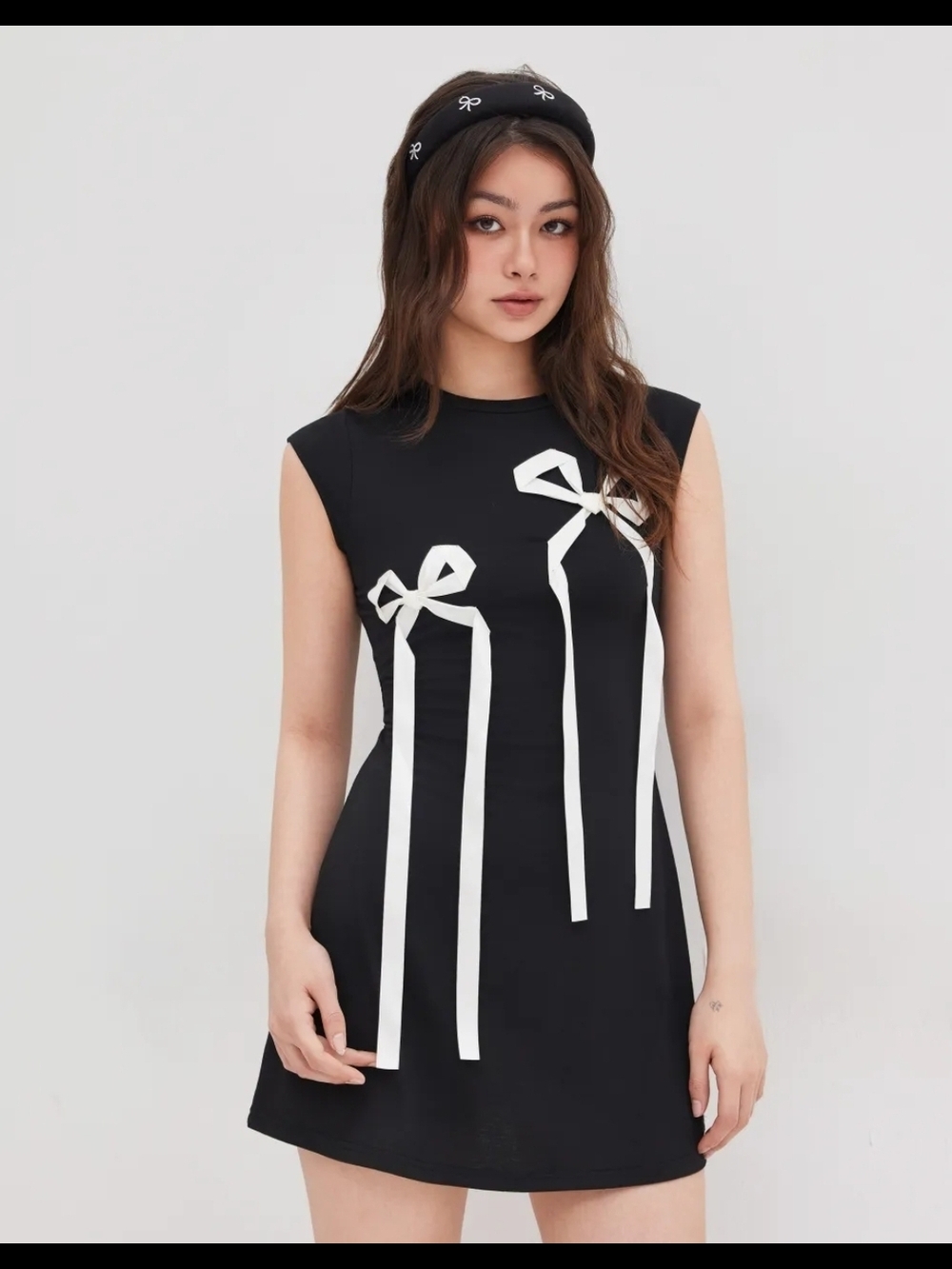 Black Mini Dress with White Ribbon Bow Accents